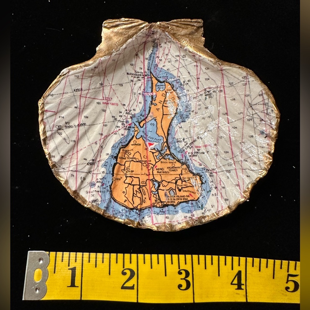 Hand crafted decopauged scallop shell. Block Island nautical chart. Jewelry dish